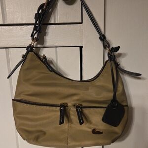 Dooney and Boueke Sylish Tan Nylon Shoulder Bag W Leather Trim